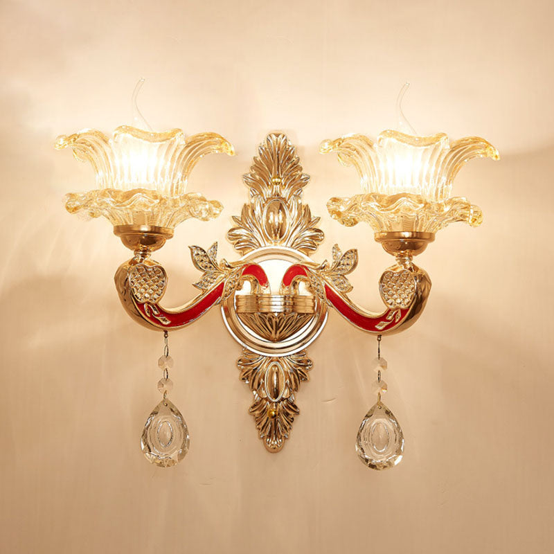 Gold Scrolled Arm Wall Mount Lamp With Crystal Accent - Elegant Metallic Sconce 2 / E