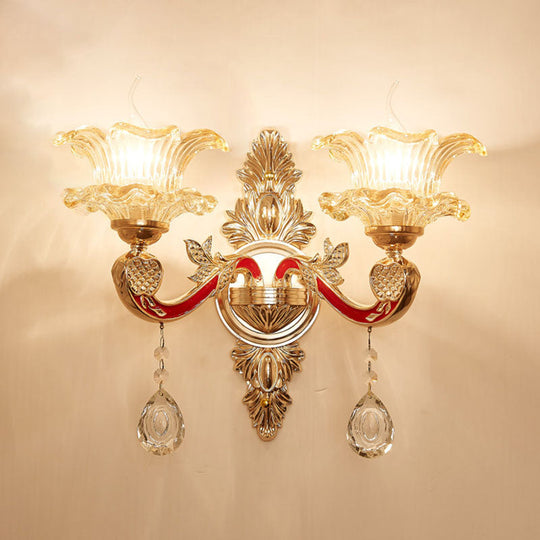 Gold Scrolled Arm Wall Mount Lamp With Crystal Accent - Elegant Metallic Sconce 2 / E