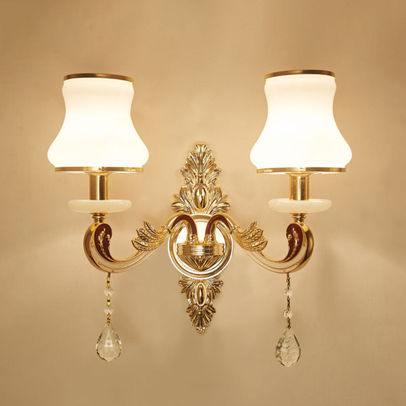 Gold Scrolled Arm Wall Mount Lamp With Crystal Accent - Elegant Metallic Sconce 2 / D