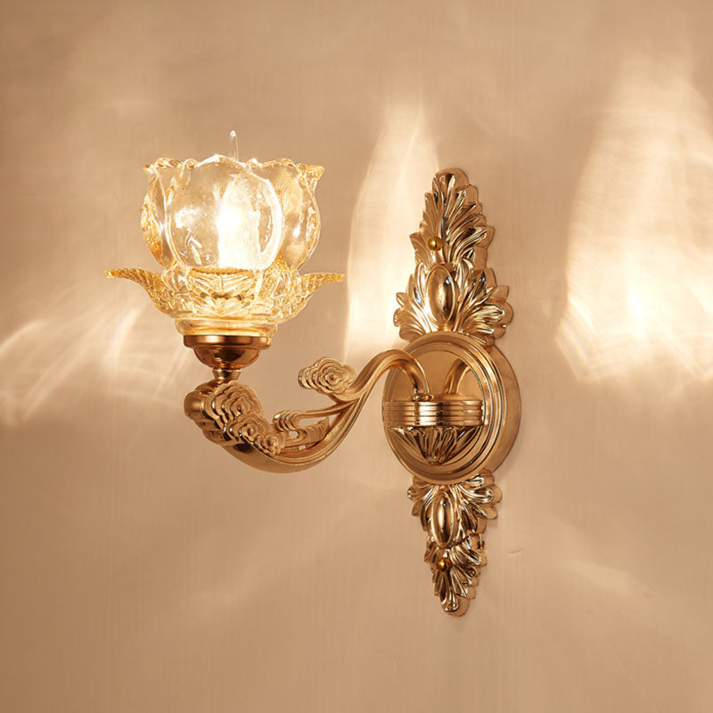 Gold Scrolled Arm Wall Mount Lamp With Crystal Accent - Elegant Metallic Sconce 1 / G