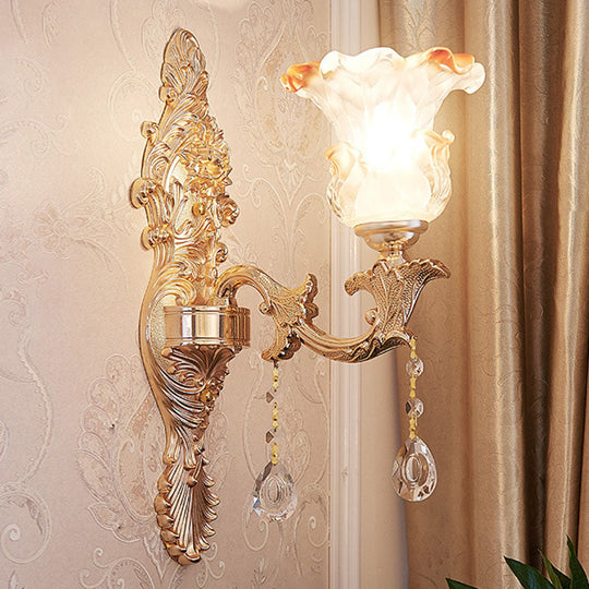Gold Scrolled Arm Wall Mount Lamp With Crystal Accent - Elegant Metallic Sconce 1 / F