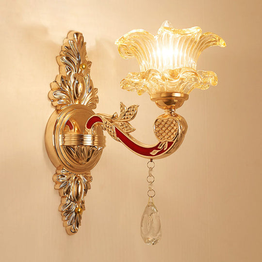 Gold Scrolled Arm Wall Mount Lamp With Crystal Accent - Elegant Metallic Sconce 1 / E