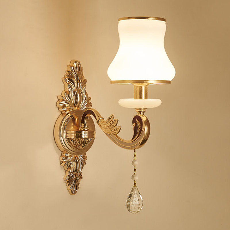 Gold Scrolled Arm Wall Mount Lamp With Crystal Accent - Elegant Metallic Sconce 1 / D