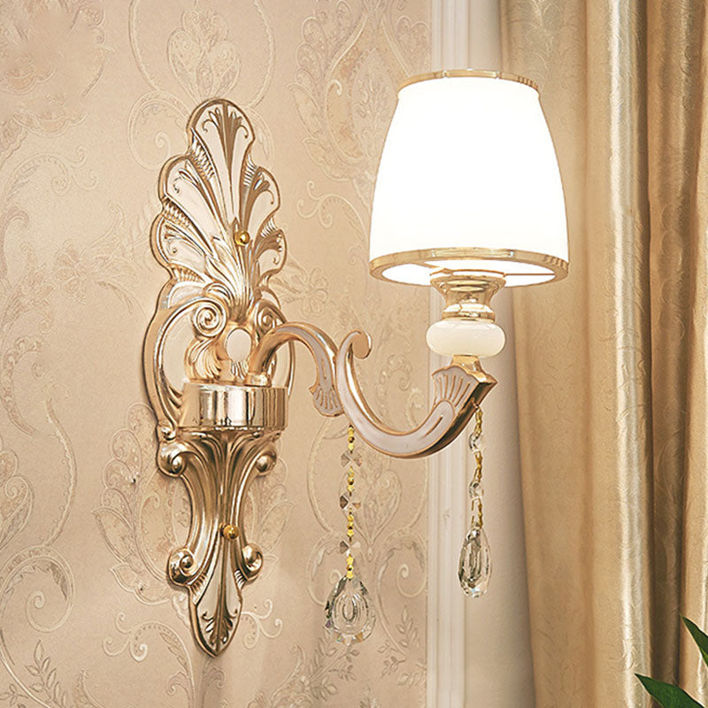 Gold Scrolled Arm Wall Mount Lamp With Crystal Accent - Elegant Metallic Sconce 1 / C