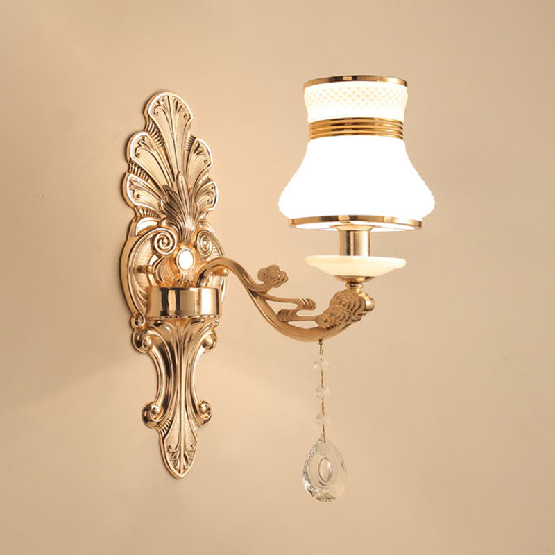 Gold Scrolled Arm Wall Mount Lamp With Crystal Accent - Elegant Metallic Sconce 1 / B