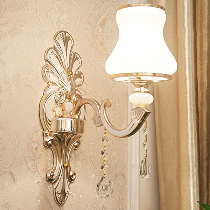 Gold Scrolled Arm Wall Mount Lamp With Crystal Accent - Elegant Metallic Sconce 1 / A