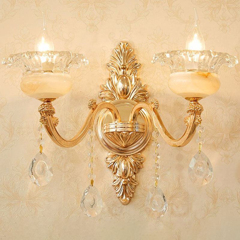 Modern Gold Crystal Droplet Glass Flower Wall Mount Sconce 2 / C