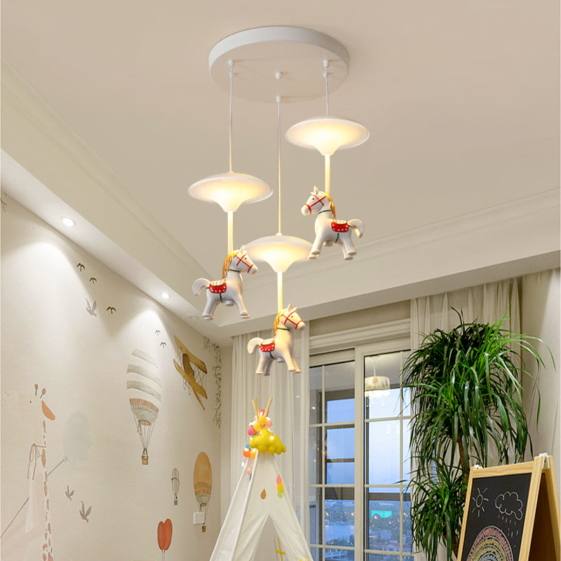 Cartoon Led Ceiling Pendant - White Horse Hanging Light With Metal Shade For Bedroom