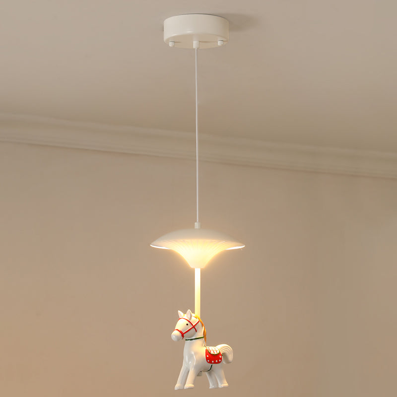 Cartoon Led Ceiling Pendant - White Horse Hanging Light With Metal Shade For Bedroom 1 /