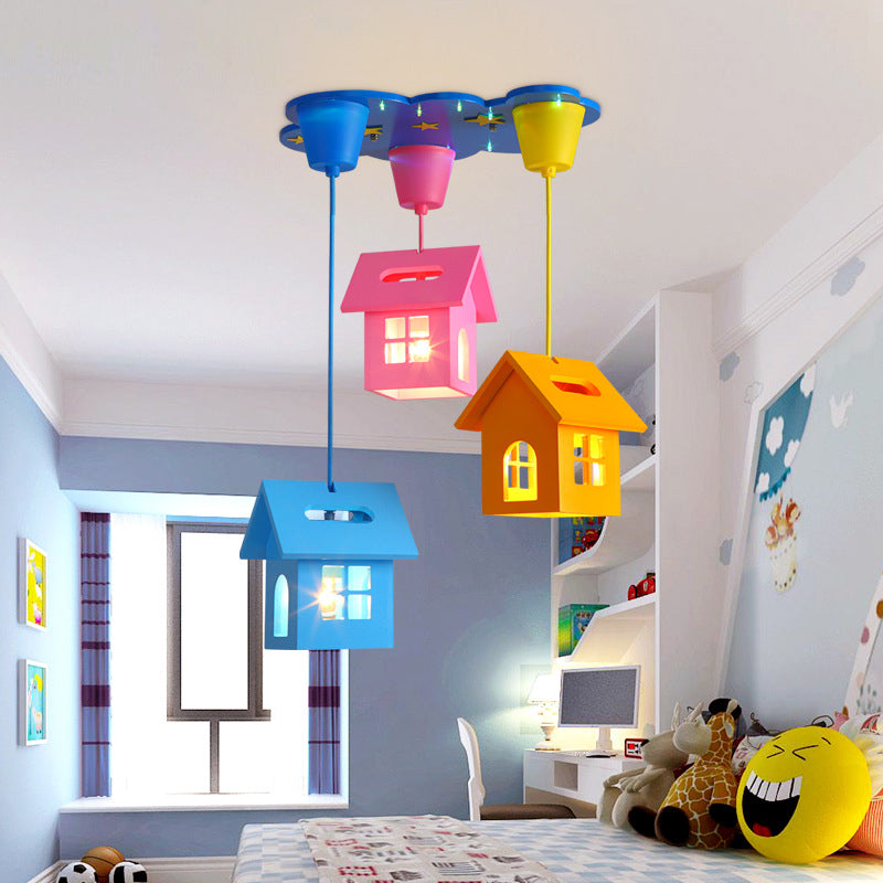 Wooden House Shaped 3-Light Blue Ceiling Pendant - Kids Multi Hanging Light Fixture For Bedroom