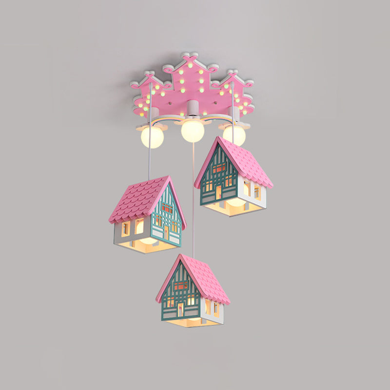 Wooden House Nursery Pendant Lamp - Creative Chandelier With 6 Bulbs For Ceiling Lighting