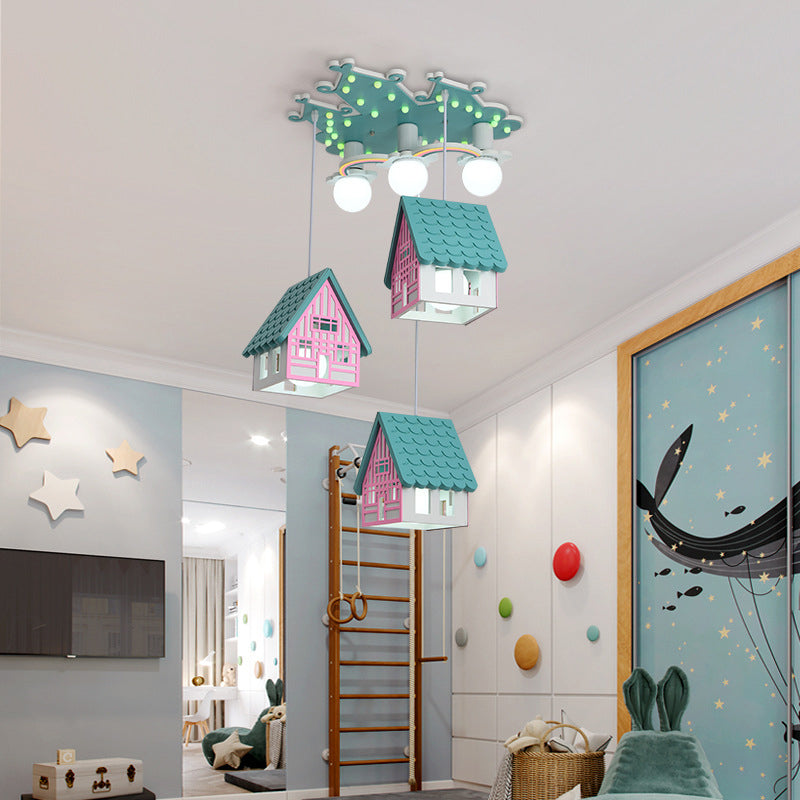 Wooden House Nursery Pendant Lamp - Creative Chandelier With 6 Bulbs For Ceiling Lighting Green