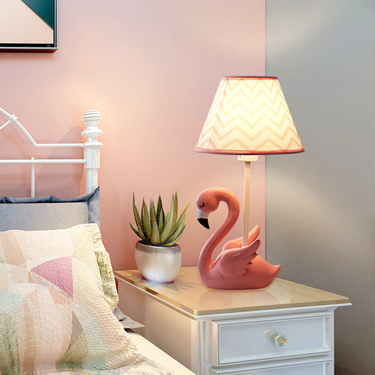 Flamingo Base Kids Cone Shade Nightstand Lamp: Pink Fabric 1 Head Table Lamp