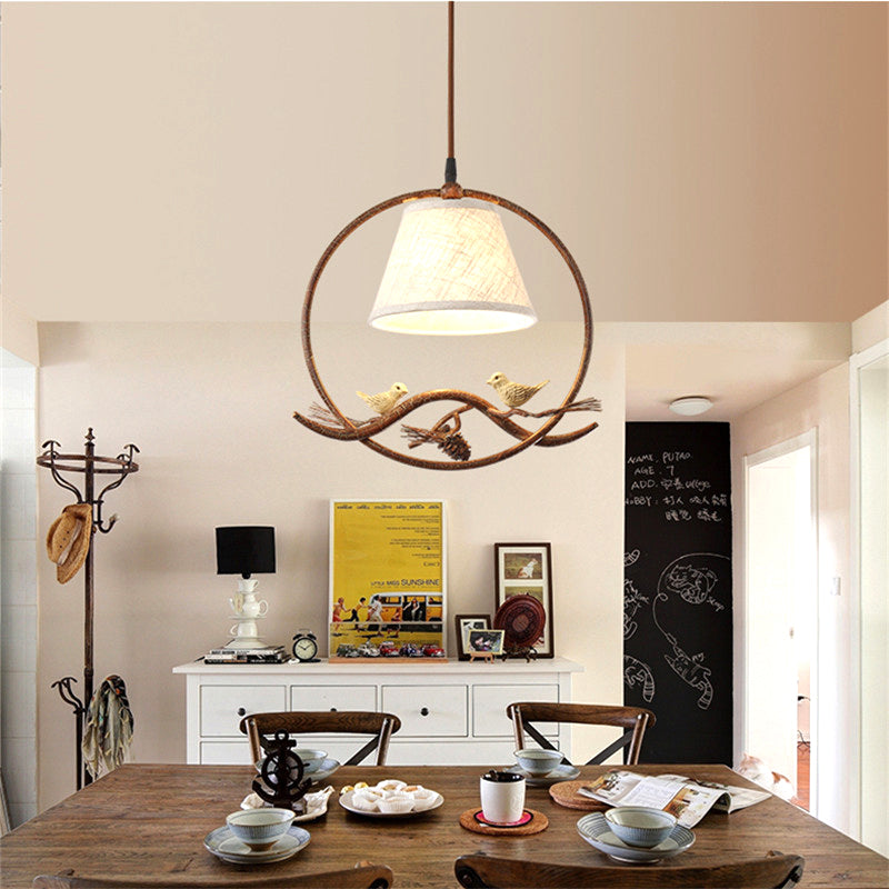 Rustic 1-Light Cone Pendant With Fabric Shade Metal Frame And Bird Decoration