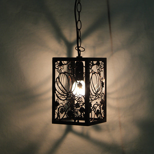 Rustic Pendant Ceiling Light With Cage - Traditional Metal 1 Hanging Lamp For Living Room