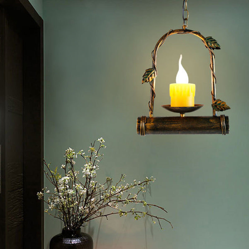 Rustic Antique Brass Pendant Light With Hanging Candle Design