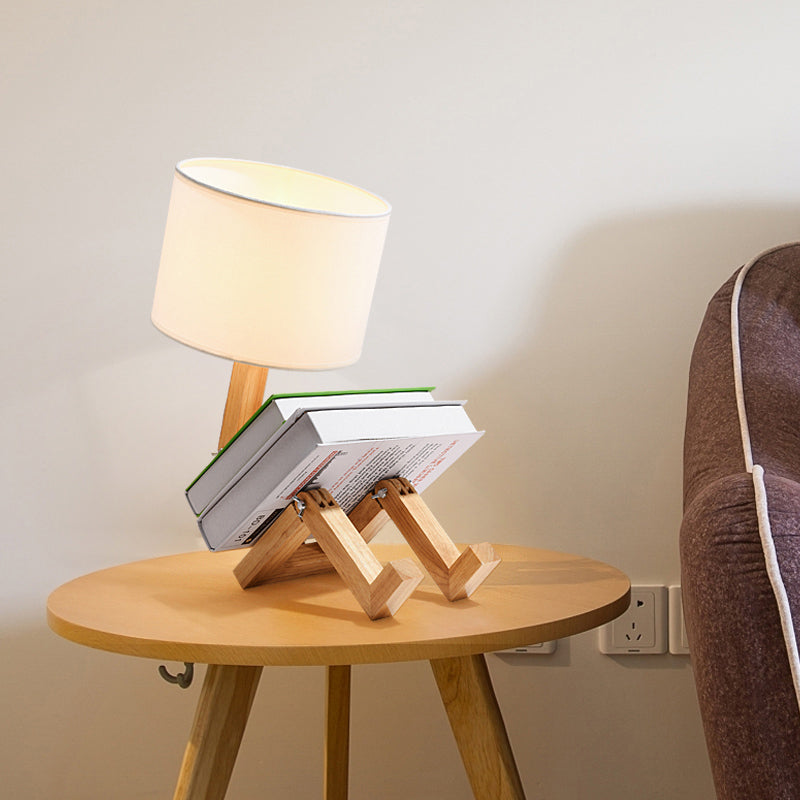 Modern Wood Desk Lamp With Robot Design And Adjustable Cylinder Shade In White For Bedside Or Use