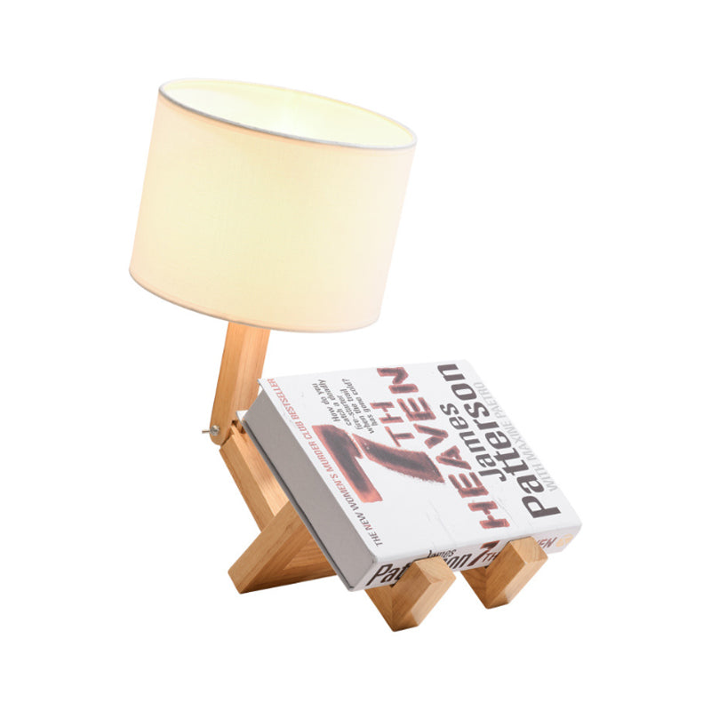 Modern Wood Desk Lamp With Robot Design And Adjustable Cylinder Shade In White For Bedside Or Use