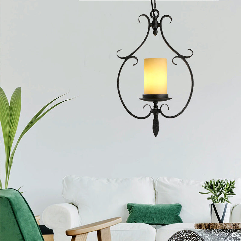 Rustic Beige Glass Cylinder Pendant Ceiling Light With Antique Black Finish - 1 Living Room Hanging