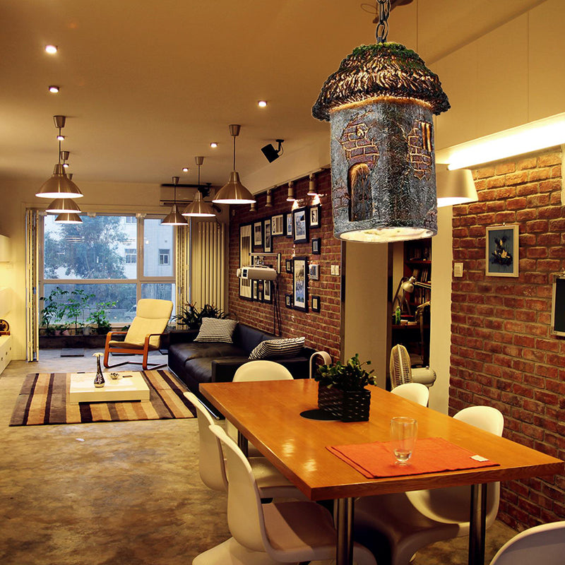 Rustic House-Shaped Resin Pendant Light - 1-Light Green Ceiling Fixture For Restaurants