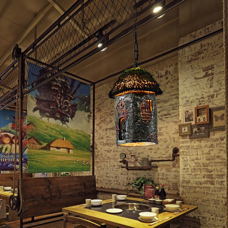 Rustic House-Shaped Resin Pendant Light - 1-Light Green Ceiling Fixture For Restaurants