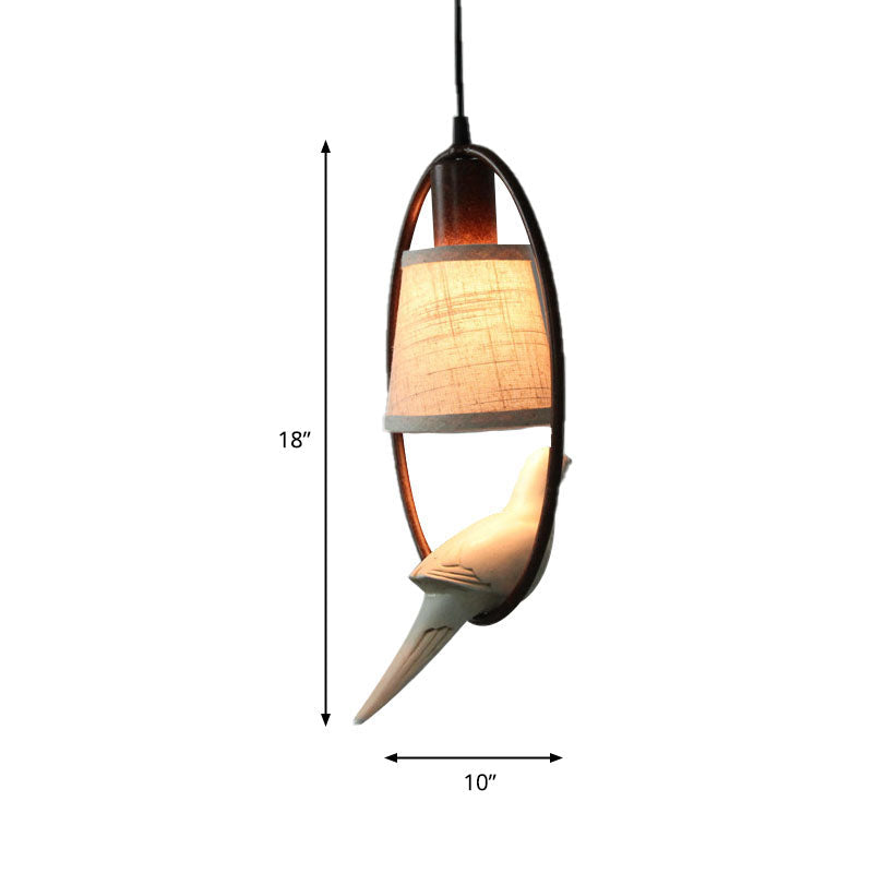 Traditional Tapered Fabric Pendant Light With Bronze Ring Frame - 1 Ceiling Hanging Fixture For