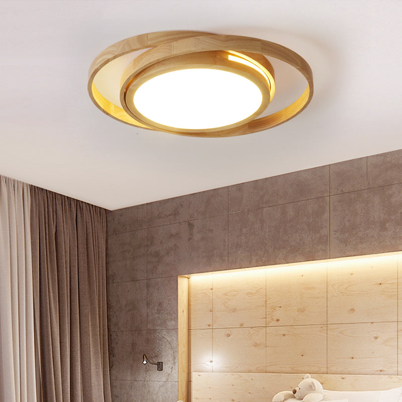 Wooden Ring LED Flush Mount Light - Nordic Style Beige Ceiling Lamp for Bedroom