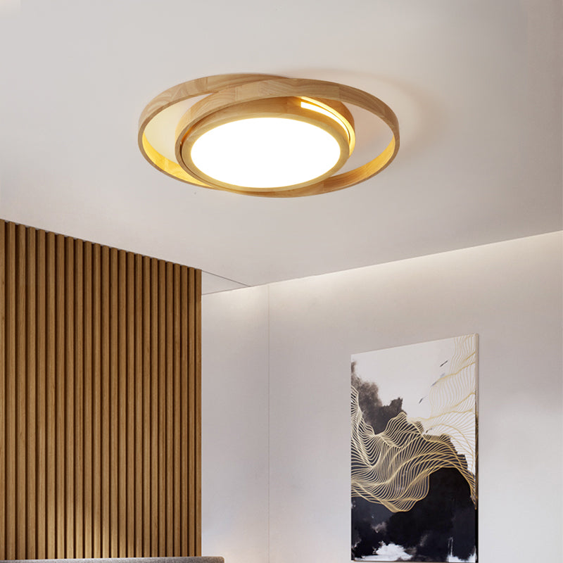 Wooden Ring Led Flush Mount Light - Nordic Style Beige Ceiling Lamp For Bedroom