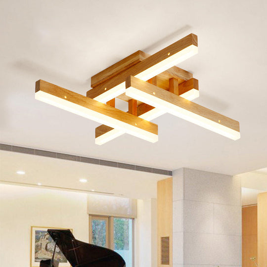 Beige Wooden Rectangular Semi Flush Mount Light Modern LED Ceiling Fixture for Contemporary Living Room