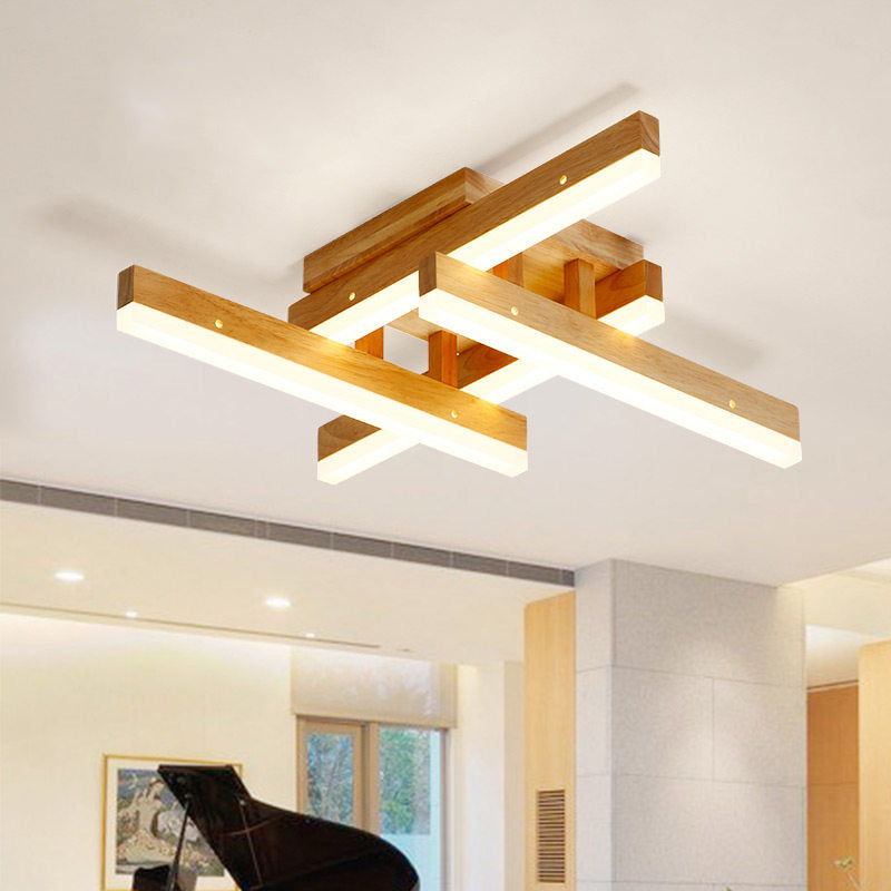Contemporary Led Flush Ceiling Light In Beige - Rectangular Semi For Living Room Wood / Small Warm