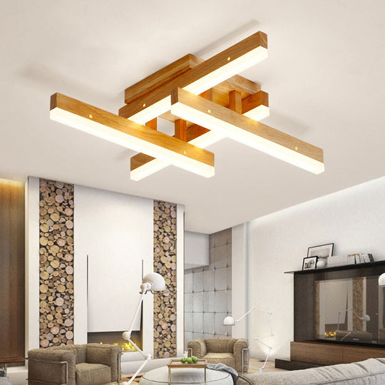 Beige Wooden Rectangular Semi Flush Mount Light Modern LED Ceiling Fixture for Contemporary Living Room