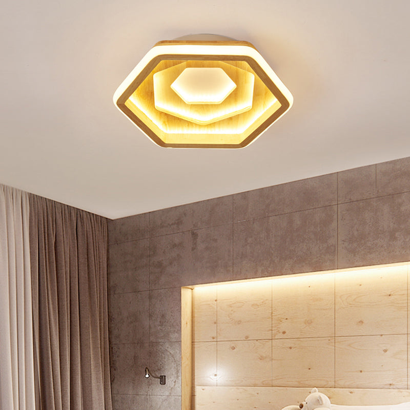 Contemporary Honeycomb Led Flush Ceiling Light In Beige Wood / Medium Warm