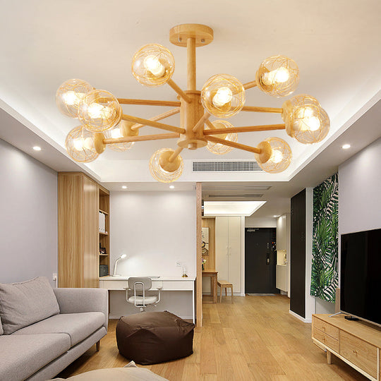 Nordic LED Wooden Chandelier with 2-Tier Radial Beige Design and Clear Glass Shades