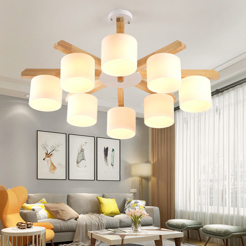 Contemporary Opal Glass Barrel Shade LED Wood Chandelier for Living Room