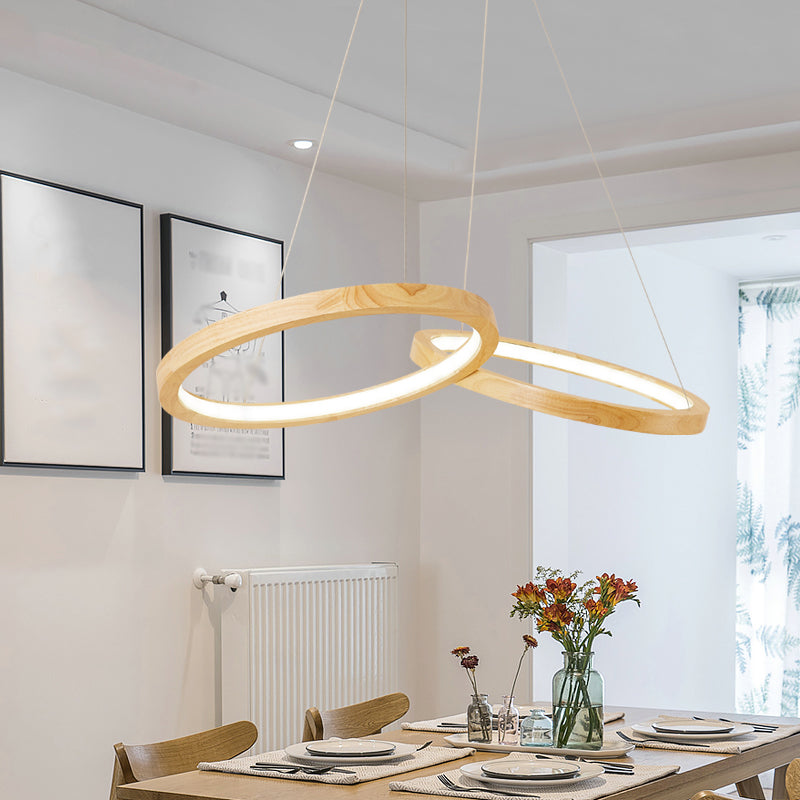 Modern LED Wooden Ring Chandelier Light - Beige, for Dining Room