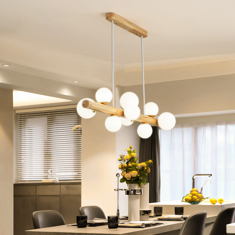 Sleek Wooden Led Ceiling Light: Linear Dining Room Island Chandelier With Cream Glass Shade 9 / Wood