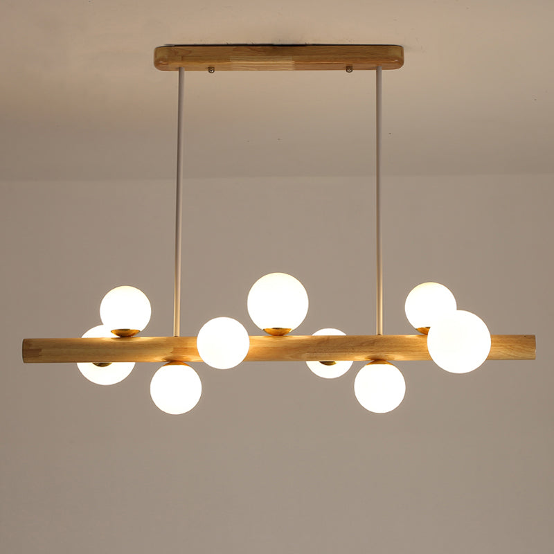 Sleek Wooden Led Ceiling Light: Linear Dining Room Island Chandelier With Cream Glass Shade