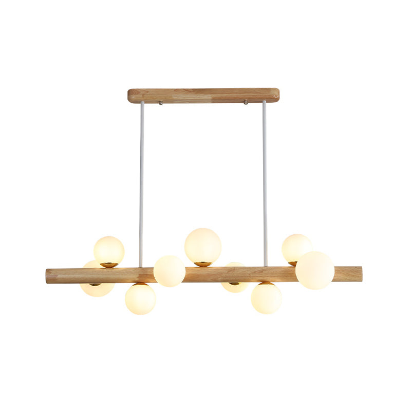 Sleek Wooden Led Ceiling Light: Linear Dining Room Island Chandelier With Cream Glass Shade