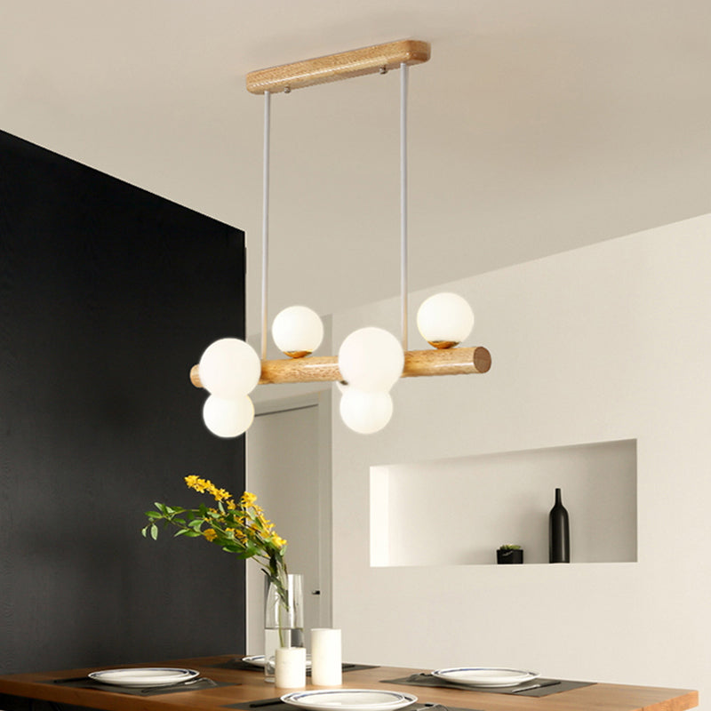 Sleek Wooden Led Ceiling Light: Linear Dining Room Island Chandelier With Cream Glass Shade 7 / Wood