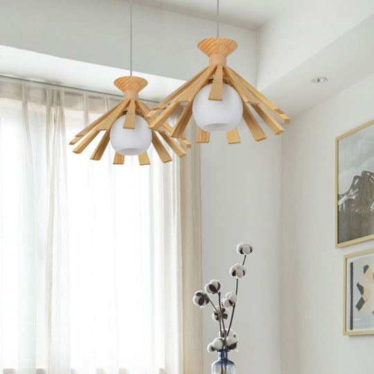 Contemporary Wood Pendant Ceiling Light With Cream Glass Shade - Perfect For Dining Rooms / Small A