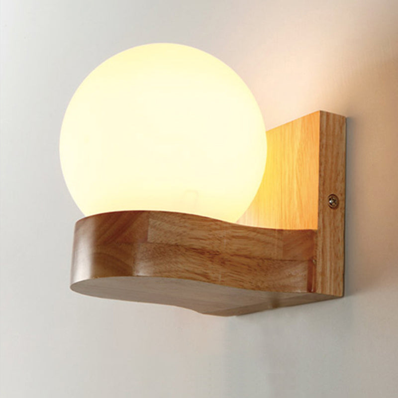 Contemporary Cream Glass Led Sconce Light Fixture For Living Room Wall In Wood 1 /