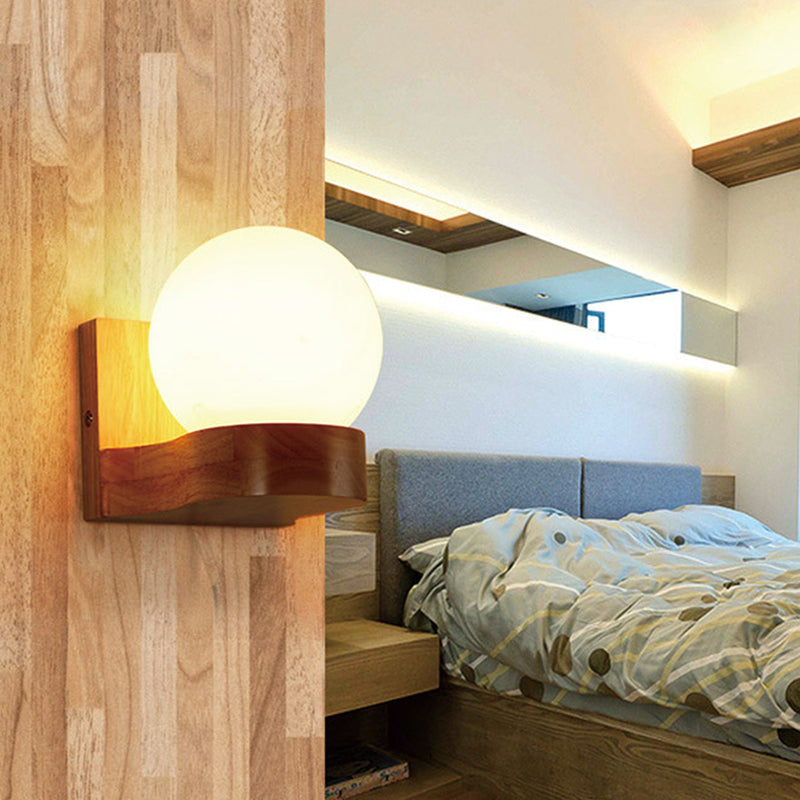 Contemporary Cream Glass Led Sconce Light Fixture For Living Room Wall In Wood