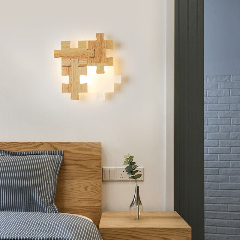 Simplicity Wood Wall Sconce With Jigsaw Puzzle Design - Modern Led Lighting Fixture For Bedroom