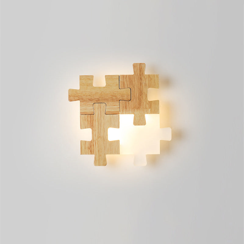 Simplicity Wood Wall Sconce With Jigsaw Puzzle Design - Modern Led Lighting Fixture For Bedroom