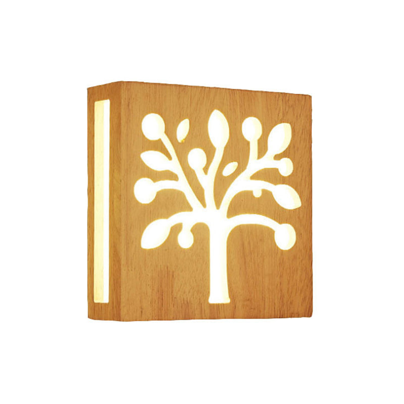 Led Wooden Wall Sconce: Contemporary Square Cutout Living Room Light