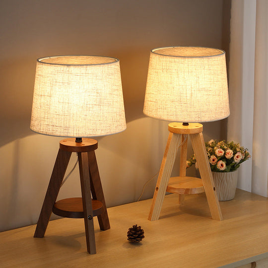 Simplistic Fabric Drum Table Lamp With Wooden Tripod Base For Bedroom Nightstand Lighting