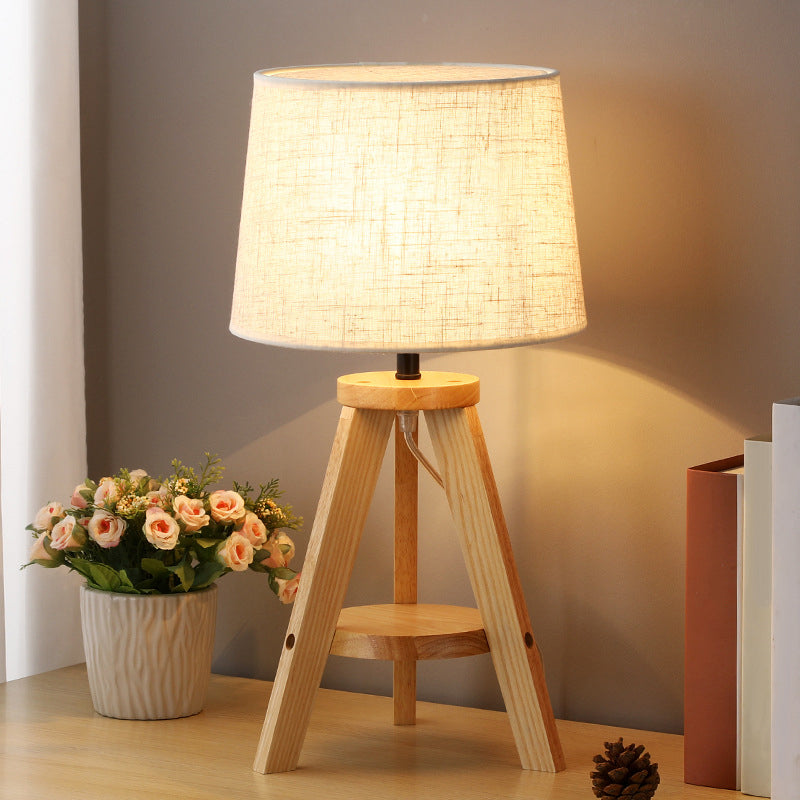 Simplistic Fabric Drum Table Lamp With Wooden Tripod Base For Bedroom Nightstand Lighting Wood