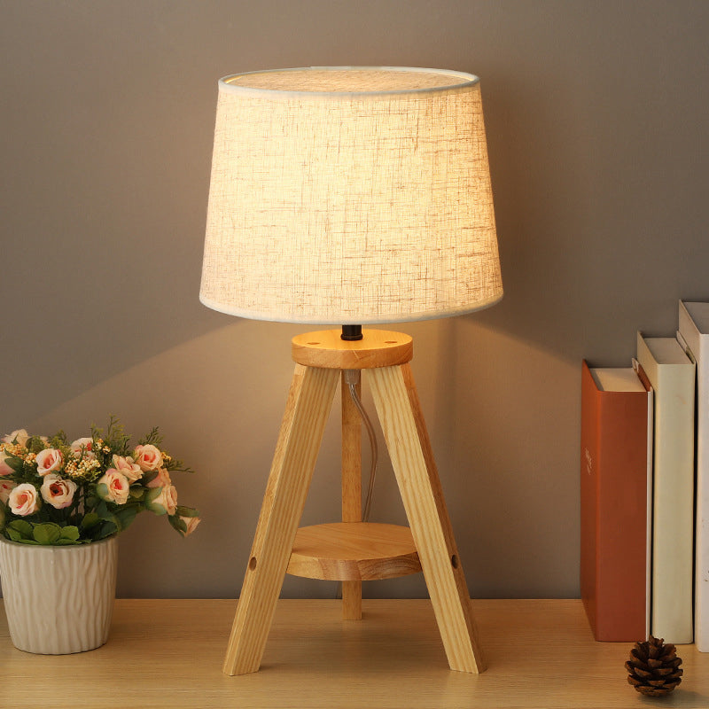 Simplistic Fabric Drum Table Lamp With Wooden Tripod Base For Bedroom Nightstand Lighting