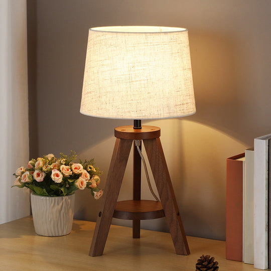 Simplistic Fabric Drum Table Lamp With Wooden Tripod Base For Bedroom Nightstand Lighting Brown
