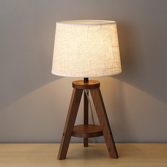 Simplistic Fabric Drum Table Lamp With Wooden Tripod Base For Bedroom Nightstand Lighting